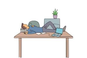 Single continuous line drawing man fell asleep on the table with a pillow from a pile of papers. Work overtime on weekends. Work hard. Tired. Need rest. Refresh. One line design illustration vector