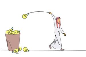 Continuous one line drawing Arabian businessman walking throwing lightbulb into the trash can. Being under pressure. Don't have the best ideas. No solution. Single line draw design illustration vector
