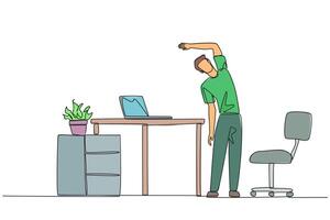 Single one line drawing man stands while raising one hand and tilting body. Light exercise while at the office. Helps mind to focus. Overtime on weekends. Continuous line design graphic illustration vector