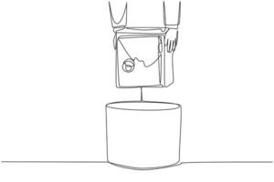 Continuous one line drawing businessman's hand throwing away broken safety box. It's no longer reliable. Replace to avoid leaking a lot of data. Wrecked. Single line draw design illustration vector