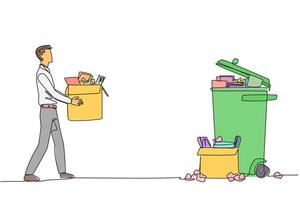 Continuous one line drawing businessman carrying cardboard box full of piles of paper to trash. Throw away unnecessary things. Focus on increasing profits. Single line draw design illustration vector