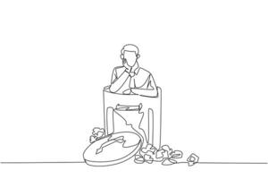 Continuous one line drawing businessman is in the trash. Poor mentality. Down in the dumps. Bankrupt. Helpless. Business is not making a profit. Frustrated. Single line draw design illustration vector