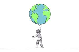 Single one line drawing astronaut standing lifting the globe with one hand. Strong determination to keep the earth beautiful. Cosmonaut caring the earth. Continuous line design graphic illustration vector