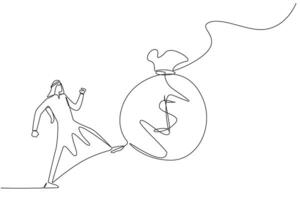 Continuous one line drawing angry Arabian businessman kicking the money bag. Not appreciating what has been achieved. Wasteful. Wasting a lot of capital. Single line draw design illustration vector