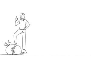 Single continuous line drawing businesswoman stands with thumbs up pose and steps on money bag with one of foot. Victory expression. Amazing achievement. Success. One line design illustration vector