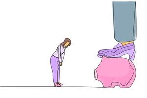 Continuous one line drawing businesswoman nodded in front of giant foot that stepped on the piggy bank. Investment value is rejected by investors. Disagree. Single line draw design illustration vector