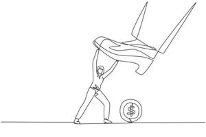 Continuous one line drawing businesswoman holds back a giant foot wants to step on coin with dollar symbol. Try to eliminate business interruptions. Profit. Single line draw design illustration vector