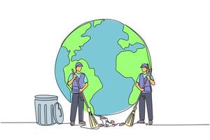 Continuous one line drawing trash man and trash woman sweep up the trash scattered in front of globe. Have high dedication to work. Save earth by cleaning. Single line draw design illustration vector