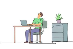 Single one line drawing man sitting in work chair typing on a laptop with his head tilted. Eliminates tension in the neck due to too much focus. Overtime. Continuous line design graphic illustration vector