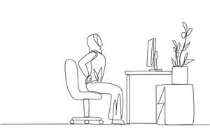 Single continuous line drawing Arab woman sitting in work chair with hands holding waist. Stretching. Too focused and rarely drinking, makes feels stiff. Hectic. One line design illustration vector