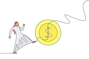 Single one line drawing Arabian businessman kicking a coin with a dollar symbol. Actions that are not worthy of imitation. Throwing away capital for free. Continuous line design graphic illustration vector