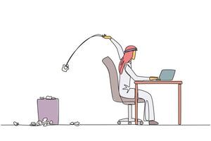 Single one line drawing Arabian businessman typing at the work desk throwing wads of paper into the trash. Too many ideas make the business concept unclear. Continuous line design graphic illustration vector