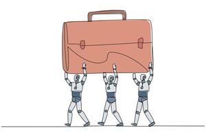 Single continuous line drawing group of robots work together carrying a briefcase. Test artificial intelligence. Introduction to business bags. Technology concept. One line design illustration vector