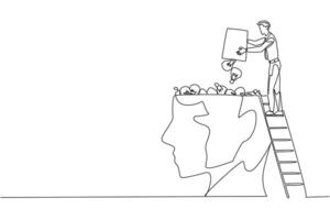 Single continuous line drawing businessman climb to the large, open head with stairs. Throw away the lightbulb. Convey some ideas to increase profits. Brainwashing. One line design illustration vector