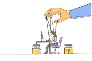 Single one line drawing businesswoman typing on a laptop, hands moved by ropes. Has no policies and authority. Like a puppet that must obey. Obedience. Continuous line design graphic illustration vector