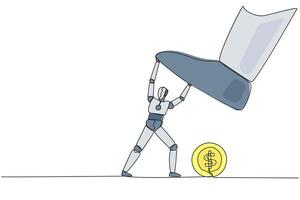 Single continuous line drawing smart robot holds back a giant foot wants to step on coin with dollar symbol. Maintain company finances. Can't lose. Future tech. One line design illustration vector