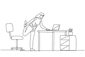 Single continuous line drawing woman standing with one leg raised and her hand typing on a laptop. Nervous. Light exercise helps stay calm. Overtime on the weekend. One line design illustration vector