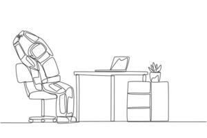Single continuous line drawing astronaut sitting in work chair while raising both hands. Stretching. Squirming. Space expedition report is ready to be completed. One line design illustration vector
