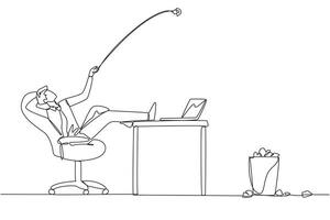 Single continuous line drawing businessman sitting in a office chair throwing wads of paper into the trash. Damaging performance due to personal matters. Stressful. One line design illustration vector