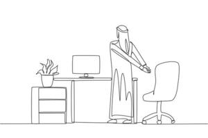 Single one line drawing Arabian man stands with his hands behind his back. Stretching. Restore focus with light exercise. Overtime on the weekend. Hectic. Continuous line design graphic illustration vector