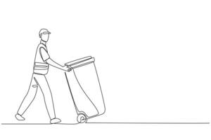 Single one line drawing trash man pushing a wheeled trash can. Side job is volunteering to keep environment clean. Remain highly dedicated. No pollution. Continuous line design graphic illustration vector
