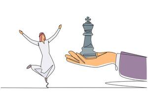 Single continuous line drawing young Arabian businessman excited to get king's chess piece from giant hand. Get support from a team of experts. Business progress. One line design illustration vector