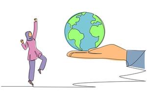 Single one line drawing Arabian businesswoman is excited to get the globe from giant hand. Good news. Successfully expanded the company network. Growing. Continuous line design graphic illustration vector