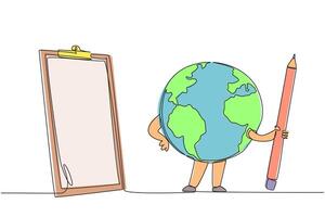 Single continuous line drawing the globe poses holding a large pencil in front of a clipboard. Make a list of what needs to be done to keep the earth green. Saving. One line design illustration vector