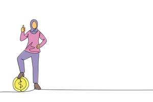 Single one line drawing Arab businesswoman with thumbs up pose and steps on coin with dollar symbol. Open invitation to place shares. Promises profits. Continuous line design graphic illustration vector