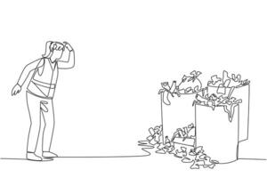 Single one line drawing trash woman scratched head looking at several trash cans full. Final waste dumps are full. Household waste also piles up. Confusion. Continuous line design graphic illustration vector