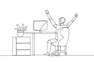 Continuous one line drawing the robot sit on chair opening and raising his hands. Stretching robot. Sitting and focusing too long. Future technology AI. Single line draw design illustration vector