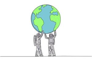 Two people holding up a globe with the earth on it vector
