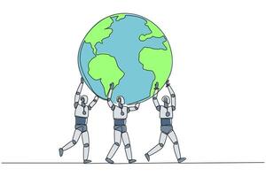 Three robots carrying a globe vector