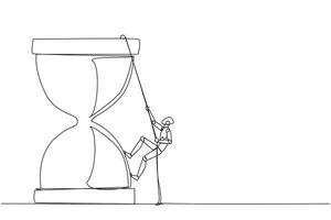 One line drawing of a man climbing up a sand clock vector