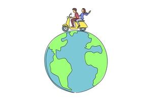 A cartoon of two people riding on a scooter around the globe vector