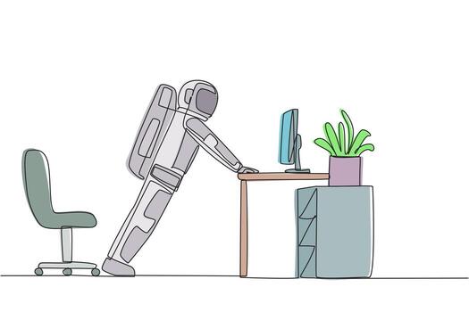 A robot is sitting at a desk with a computer vector