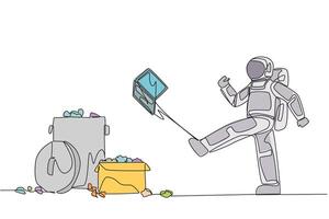 An astronaut kicking a trash can vector