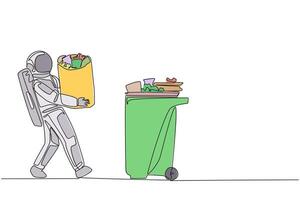 An astronaut carrying a trash can with food vector