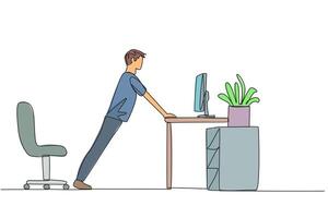 A man is standing at a desk with a computer vector