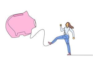 Single one line drawing businesswoman kicking the piggy bank. Bad example. Doing useless things. Living without having assets. Difficulty in retirement. Continuous line design graphic illustration vector