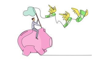 Continuous one line drawing businessman riding piggy bank catching flying banknotes. Hit by financial crisis. Financial problem. No profit yet. Extra work. Single line draw design illustration vector