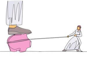 Single continuous line drawing Arab businessman tries to take piggy bank stepped on by giant foot. Do it in various ways, including using a rope. Appropriateness. One line design illustration vector