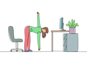 Continuous one line drawing woman stands with one hand raised and the other hand holding the tip of leg. Stretch. Train the body. Exercise. Calm the mind. Single line draw design illustration vector