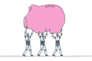 Single continuous line drawing group of robots work together carrying a piggy bank. Reminding the importance of investment. Not wasteful. Future technology concept. One line design illustration vector