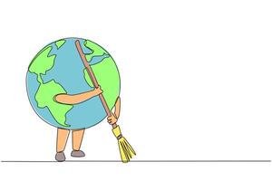 Single continuous line drawing globe sweeps up the scattered rubbish with a broomstick. Keeping the surrounding environment clean is a shared responsibility. Save. One line design illustration vector
