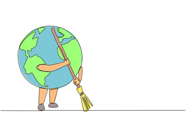 Single continuous line drawing globe sweeps up the scattered rubbish with a broomstick. Keeping the surrounding environment clean is a shared responsibility. Save. One line design illustration