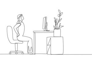 Single one line drawing Arab man sitting in work chair with hands holding waist. Too focused and sitting for long time. Avoid serious injury by stretching. Continuous line design graphic illustration vector
