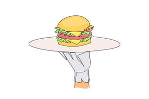 Single one line drawing waiter holding food tray serving burger. Fast food. Like a sandwich. The bread contains pieces of meat, lettuce, tomatoes and onion. Continuous line design graphic illustration vector