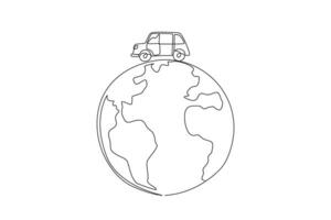 Single one line drawing car on a globe. Vehicles contain pollution. Polluted air. Health is compromised. Unhealthy. Protect the world. Environmental care. Continuous line design graphic illustration vector