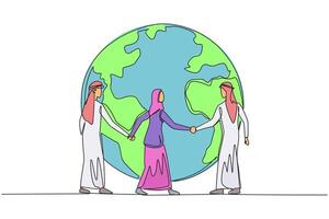 Single one line drawing group of Arabian men and Arabian woman standing arm in arm around a globe. Take part in preserving nature. Green the earth. Protect. Continuous line design graphic illustration vector